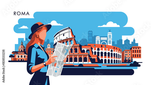 Flat illustration of a woman exploring the Colosseum in Rome with map in hand. Perfect for travel, history, and world cultural heritage themes