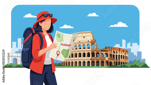 Flat illustration of a woman exploring the Colosseum in Rome with map in hand. Perfect for travel, history, and world cultural heritage themes