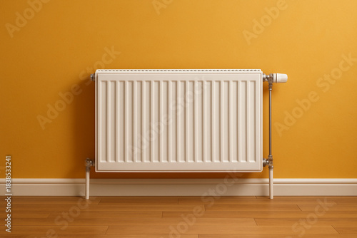 Wallpaper Mural Modern white radiator mounted on a warm yellow wall above wooden flooring. Clean interior design scene representing home heating, temperature control, and cozy indoor living environment. Torontodigital.ca
