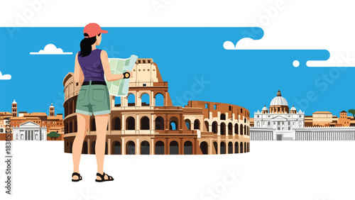 Flat illustration of a woman exploring the Colosseum in Rome with map in hand. Perfect for travel, history, and world cultural heritage themes
