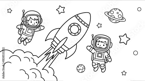 Children astronauts and rocket adventure in space outline design