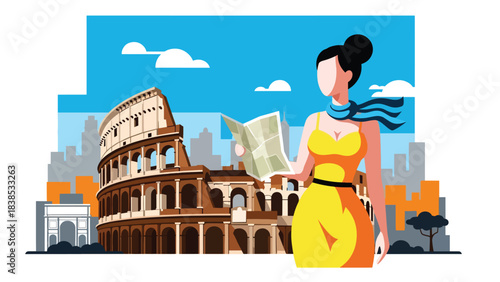 Flat illustration of a woman exploring the Colosseum in Rome with map in hand. Perfect for travel, history, and world cultural heritage themes