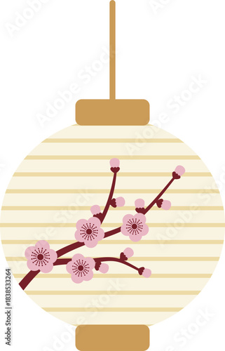 Japanese white paper lantern with pink plum blossom pattern illustration. Chinese ornament with flat design. Oriental style.