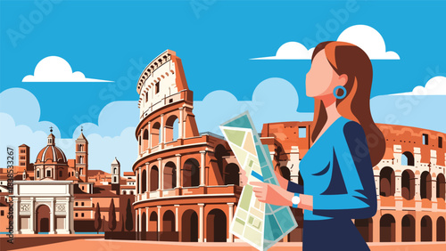 Flat illustration of a woman exploring the Colosseum in Rome with map in hand. Perfect for travel, history, and world cultural heritage themes