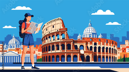 Flat illustration of a woman exploring the Colosseum in Rome with map in hand. Perfect for travel, history, and world cultural heritage themes