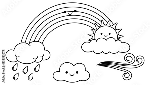 Cute weather doodles: happy rainbow, sun, clouds, and raindrops