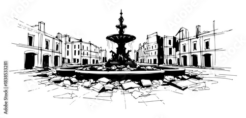 old european town square fountain sketch vector