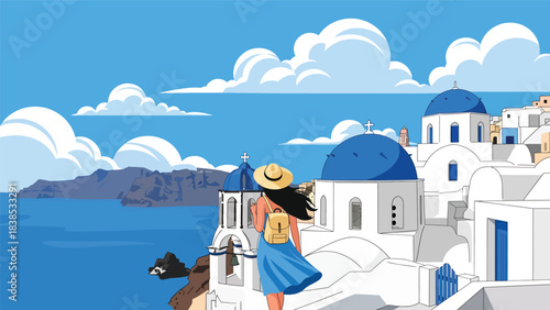 Flat illustration of a woman walking through Santorini’s blue domes and seaside cliffs. Ideal for relaxation, vacation, and Europe travel themes