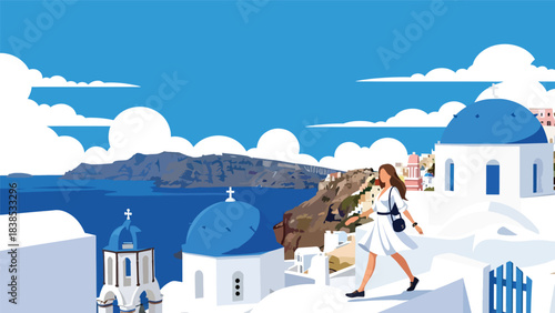 Flat illustration of a woman walking through Santorini’s blue domes and seaside cliffs. Ideal for relaxation, vacation, and Europe travel themes