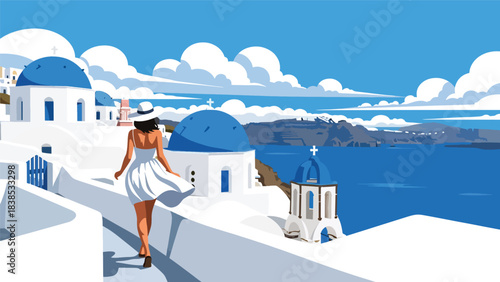 Flat illustration of a woman walking through Santorini’s blue domes and seaside cliffs. Ideal for relaxation, vacation, and Europe travel themes