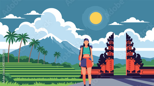 Flat illustration of a woman visiting a traditional Bali gate temple with palm trees and scenery. Ideal for travel, culture, and holiday themes