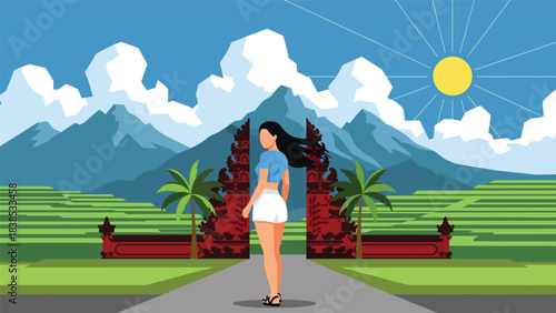 Flat illustration of a woman visiting a traditional Bali gate temple with palm trees and scenery. Ideal for travel, culture, and holiday themes