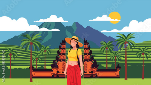 Flat illustration of a woman visiting a traditional Bali gate temple with palm trees and scenery. Ideal for travel, culture, and holiday themes