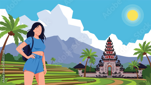 Flat illustration of a woman visiting a traditional Bali gate temple with palm trees and scenery. Ideal for travel, culture, and holiday themes