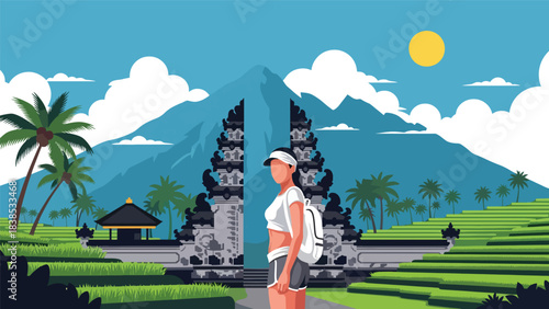 Flat illustration of a woman visiting a traditional Bali gate temple with palm trees and scenery. Ideal for travel, culture, and holiday themes