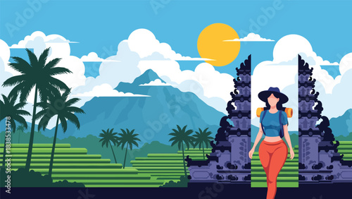 Flat illustration of a woman visiting a traditional Bali gate temple with palm trees and scenery. Ideal for travel, culture, and holiday themes