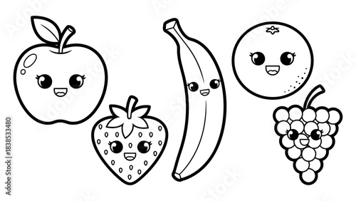Cute kawaii fruit with smiling faces: apple, banana, orange, strawberry, grapes