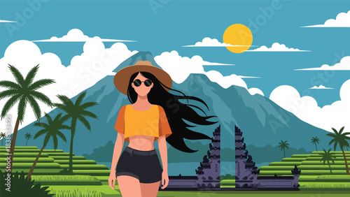 Flat illustration of a woman visiting a traditional Bali gate temple with palm trees and scenery. Ideal for travel, culture, and holiday themes