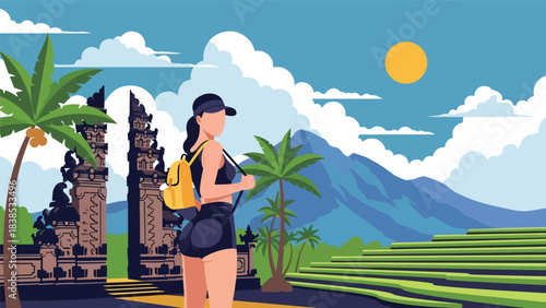 Flat illustration of a woman visiting a traditional Bali gate temple with palm trees and scenery. Ideal for travel, culture, and holiday themes
