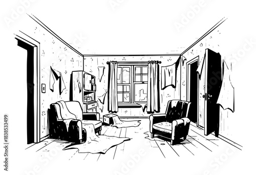 abandoned living room urban decay sketch vector