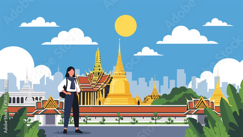 Flat illustration of a woman visiting Bangkok’s Grand Palace with tropical plants and temple roofs. Suitable for Asia travel and cultural tourism designs