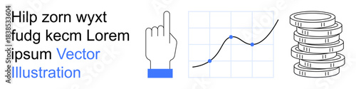 Business growth, data analytics, investment strategy, user interaction, financial success, market trends. Hand pointing, line graph stacks of coins. Business growth and data analytics concept