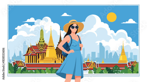 Flat illustration of a woman visiting Bangkok’s Grand Palace with tropical plants and temple roofs. Suitable for Asia travel and cultural tourism designs
