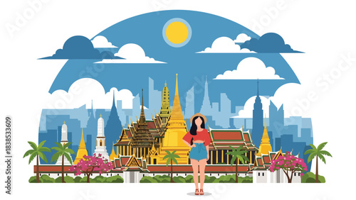 Flat illustration of a woman visiting Bangkok’s Grand Palace with tropical plants and temple roofs. Suitable for Asia travel and cultural tourism designs
