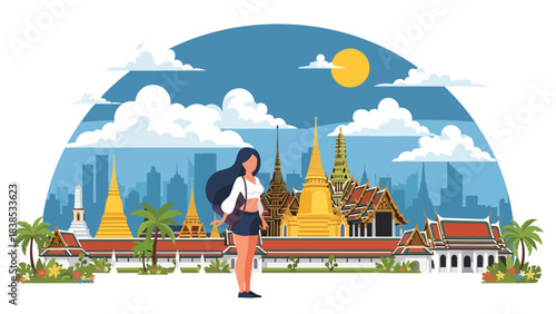 Flat illustration of a woman visiting Bangkok’s Grand Palace with tropical plants and temple roofs. Suitable for Asia travel and cultural tourism designs