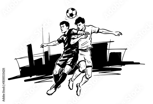 soccer players duel heading ball sketch vector