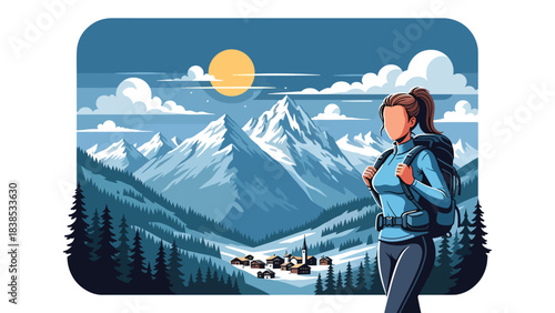 Flat illustration of a woman hiking the Swiss Alps with snow mountains and a peaceful village. Perfect for nature travel and hiking themes