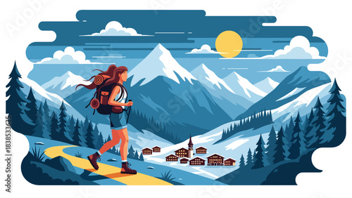 Flat illustration of a woman hiking the Swiss Alps with snow mountains and a peaceful village. Perfect for nature travel and hiking themes