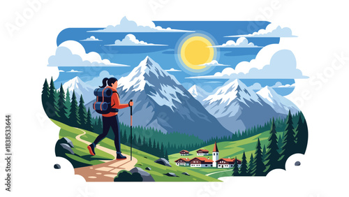Flat illustration of a woman hiking the Swiss Alps with snow mountains and a peaceful village. Perfect for nature travel and hiking themes