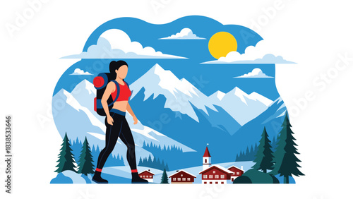 Flat illustration of a woman hiking the Swiss Alps with snow mountains and a peaceful village. Perfect for nature travel and hiking themes