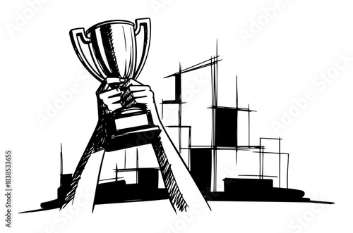 hand holding soccer trophy cup sketch vector