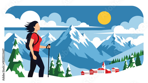 Flat illustration of a woman hiking the Swiss Alps with snow mountains and a peaceful village. Perfect for nature travel and hiking themes