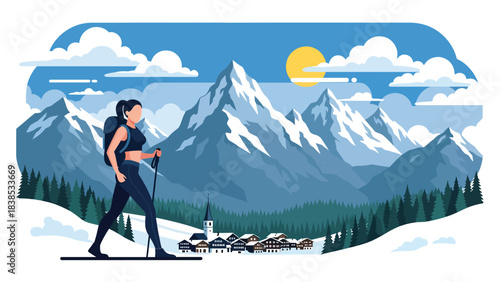 Flat illustration of a woman hiking the Swiss Alps with snow mountains and a peaceful village. Perfect for nature travel and hiking themes