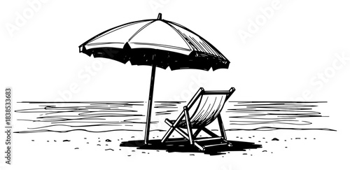beach umbrella and deck chair sketch vector