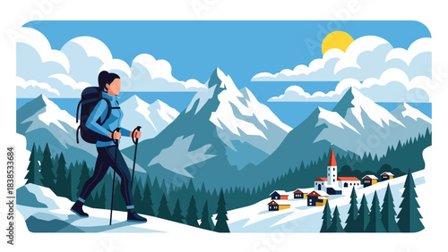 Flat illustration of a woman hiking the Swiss Alps with snow mountains and a peaceful village. Perfect for nature travel and hiking themes