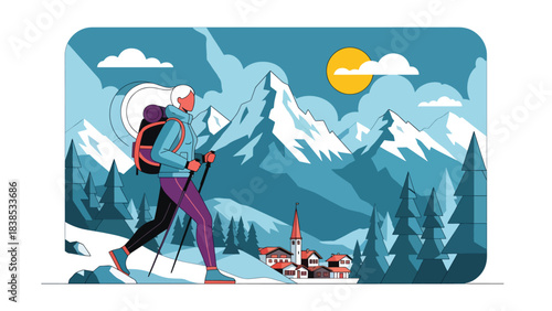 Flat illustration of a woman hiking the Swiss Alps with snow mountains and a peaceful village. Perfect for nature travel and hiking themes