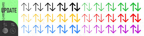 Twin up and down arrows icon set representing exchange, transfer, update, sync, data flow, and direction changes, colorful set of vector icons, outline, and solid styles