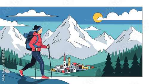 Flat illustration of a woman hiking the Swiss Alps with snow mountains and a peaceful village. Perfect for nature travel and hiking themes