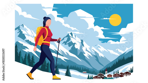 Flat illustration of a woman hiking the Swiss Alps with snow mountains and a peaceful village. Perfect for nature travel and hiking themes
