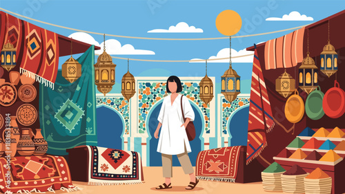 Flat illustration of a woman exploring a Moroccan bazaar with carpets, mosaic patterns, and lanterns. Perfect for cultural tourism and travel art