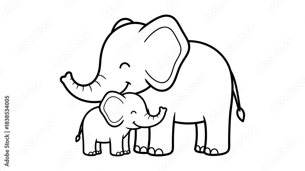 Fototapeta premium Cute elephant and calf sketch in minimalistic outline style