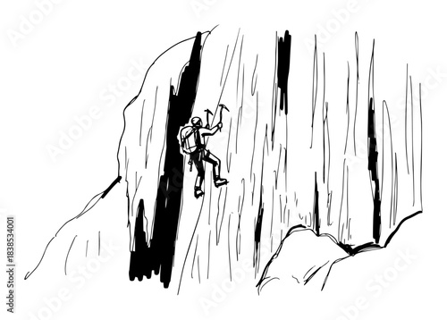 ice climber ascending frozen cliff vector shape silhouette