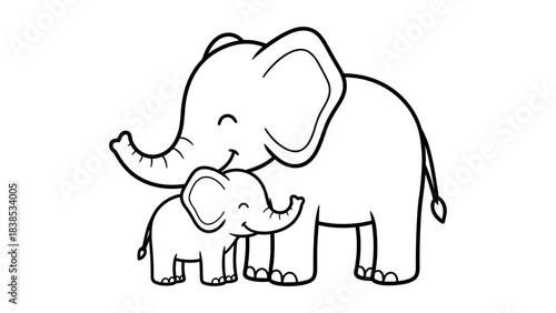 Cute elephant and calf sketch in minimalistic outline style