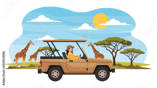 Flat illustration of a woman on safari observing giraffes and savannah landscape. Perfect for wildlife tourism and African travel themes
