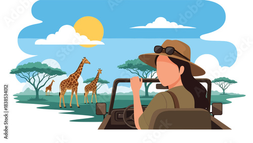Flat illustration of a woman on safari observing giraffes and savannah landscape. Perfect for wildlife tourism and African travel themes