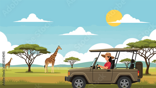 Flat illustration of a woman on safari observing giraffes and savannah landscape. Perfect for wildlife tourism and African travel themes